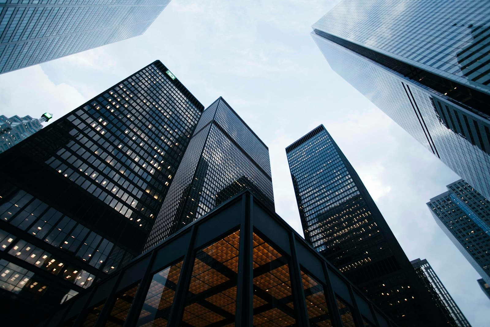 Atmospheric low-angle faceted glass architectural geometry
