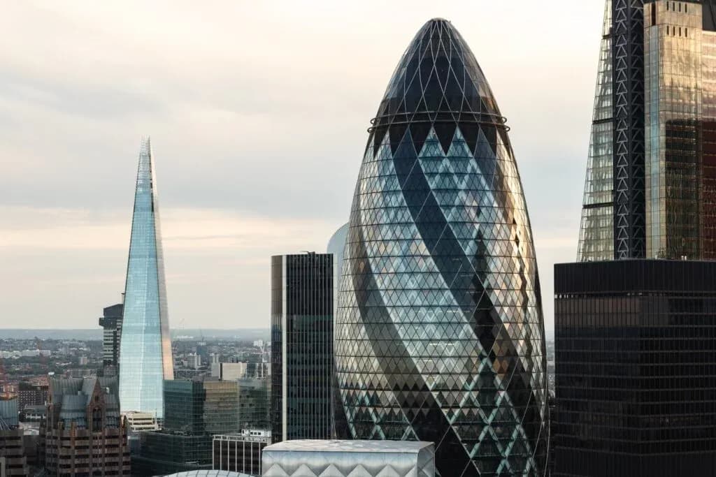 Modern architectural cityscape featuring The Gherkin and city towers